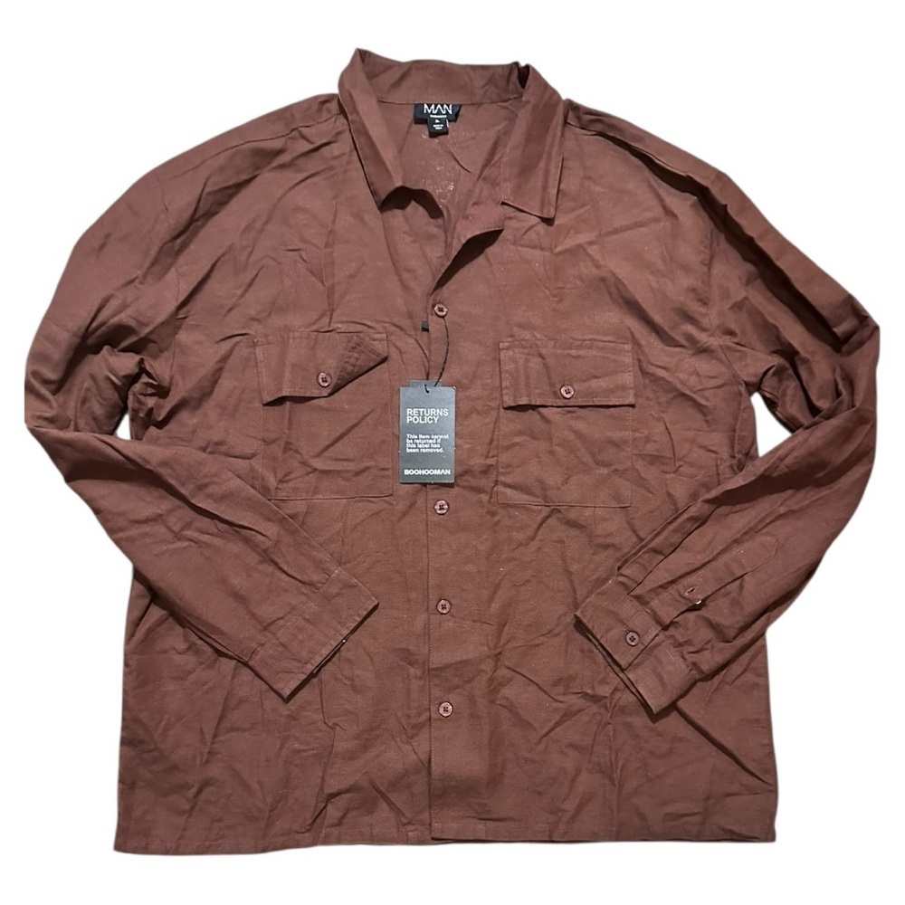 BoohooMAN Chocolate Brown Linen-Blend Button-Down Shirt NWT | Size XL
